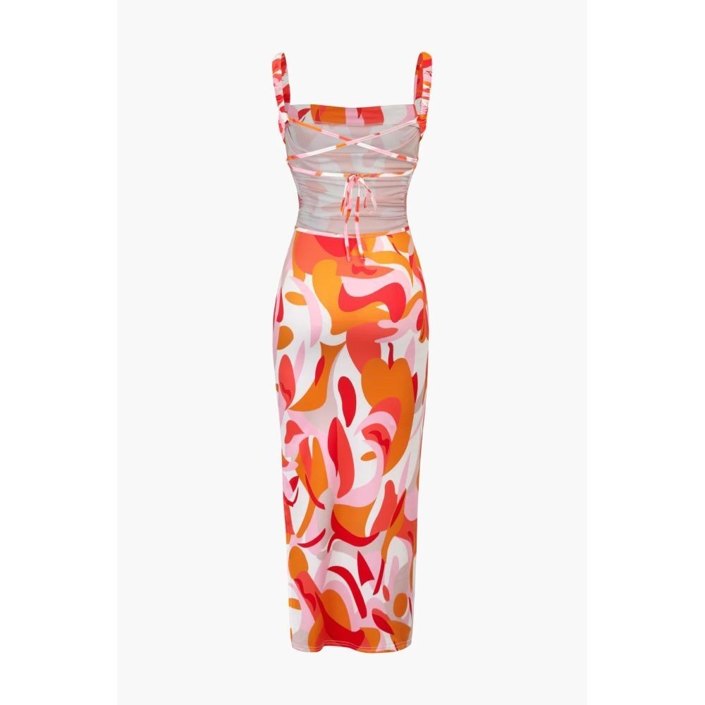 MICAS Women's‎ Abstract Print Maxi Dress Ruched Bodice Cutout Back Side Slit L - Picture 7 of 11